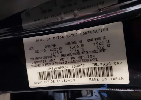 2020 Mazda Mazda3 Premium Package from USA, damaged, VIN JM1BPBNM3L1168807